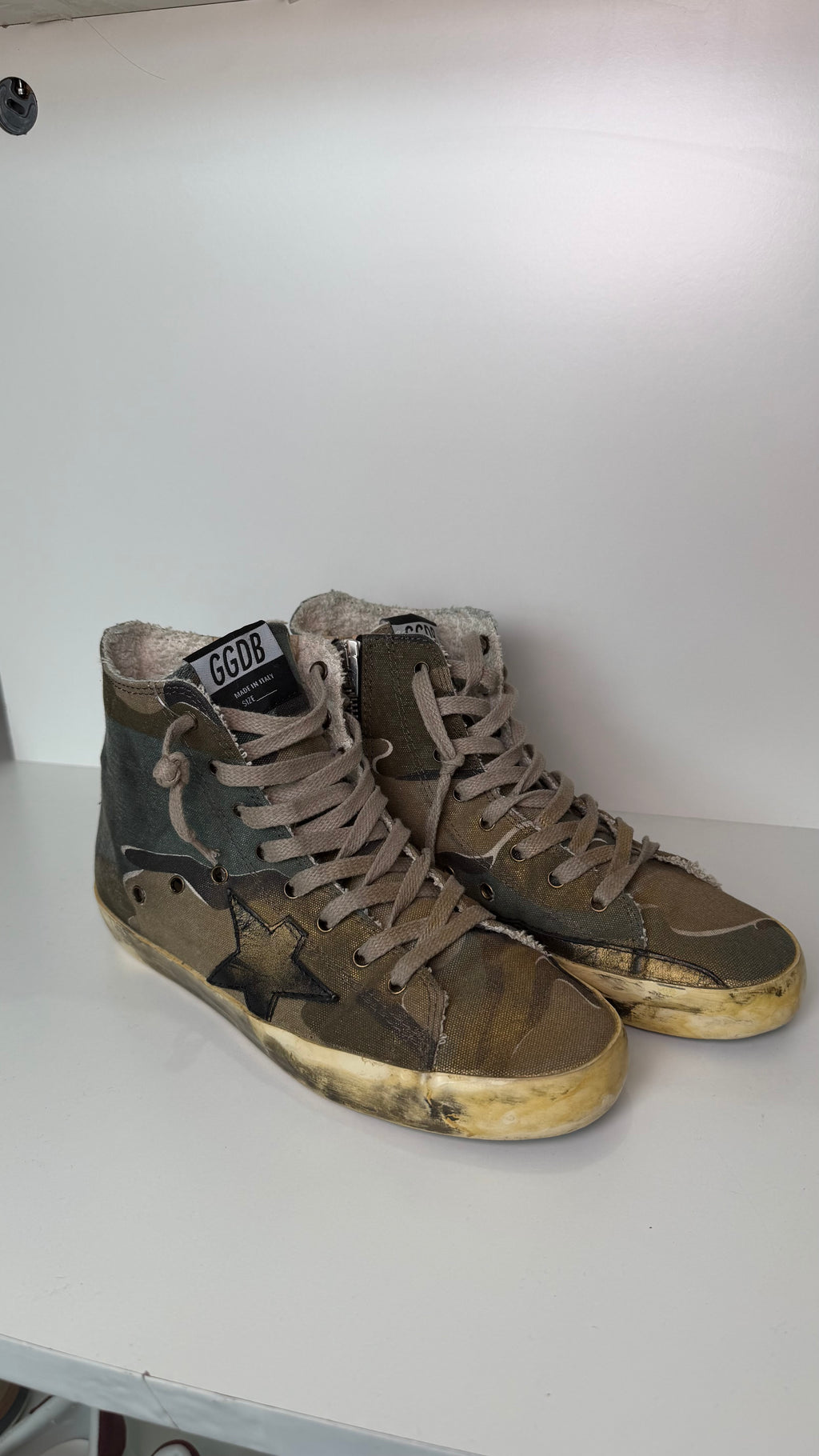 Golden Goose Distressed High-Top Sneakers – Camo Canvas