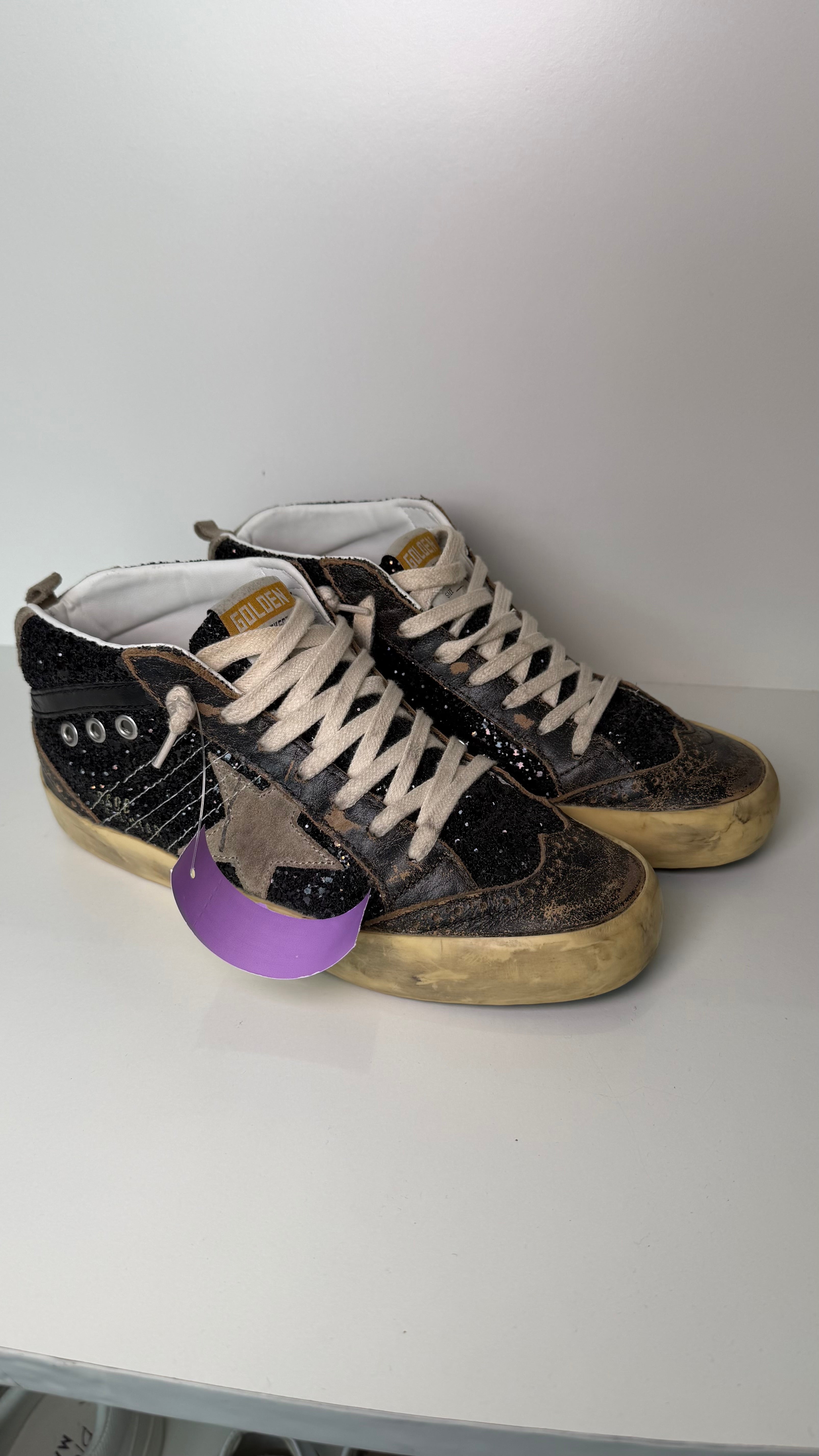 Golden Goose Mid Star High-Top Sneakers – Black Glitter & Leather