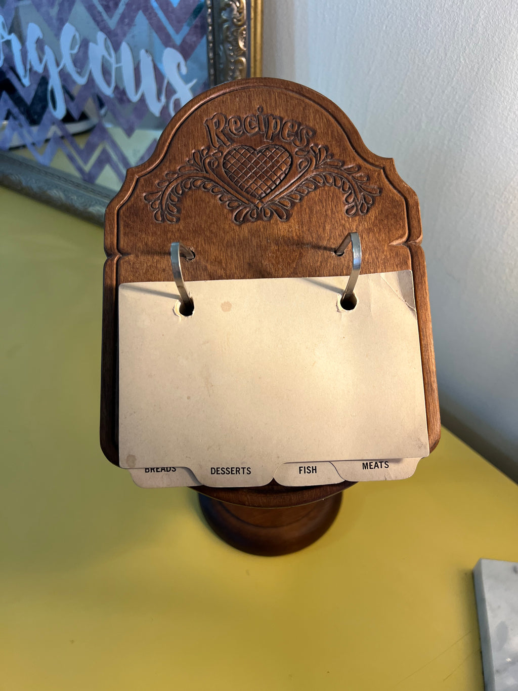 Vintage Wooden Recipe Card Holder with Dividers