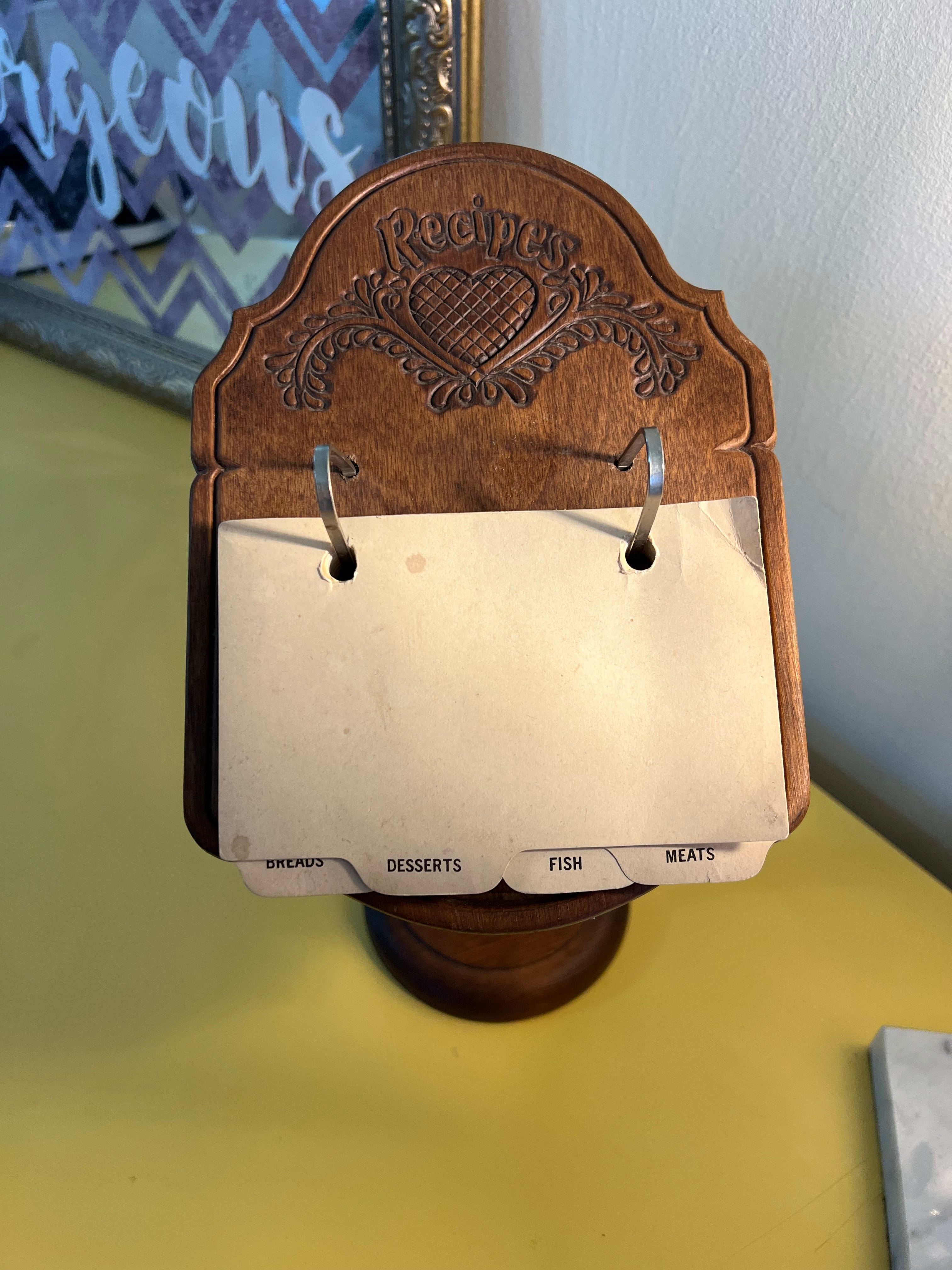 Vintage Wooden Recipe Card Holder with Dividers