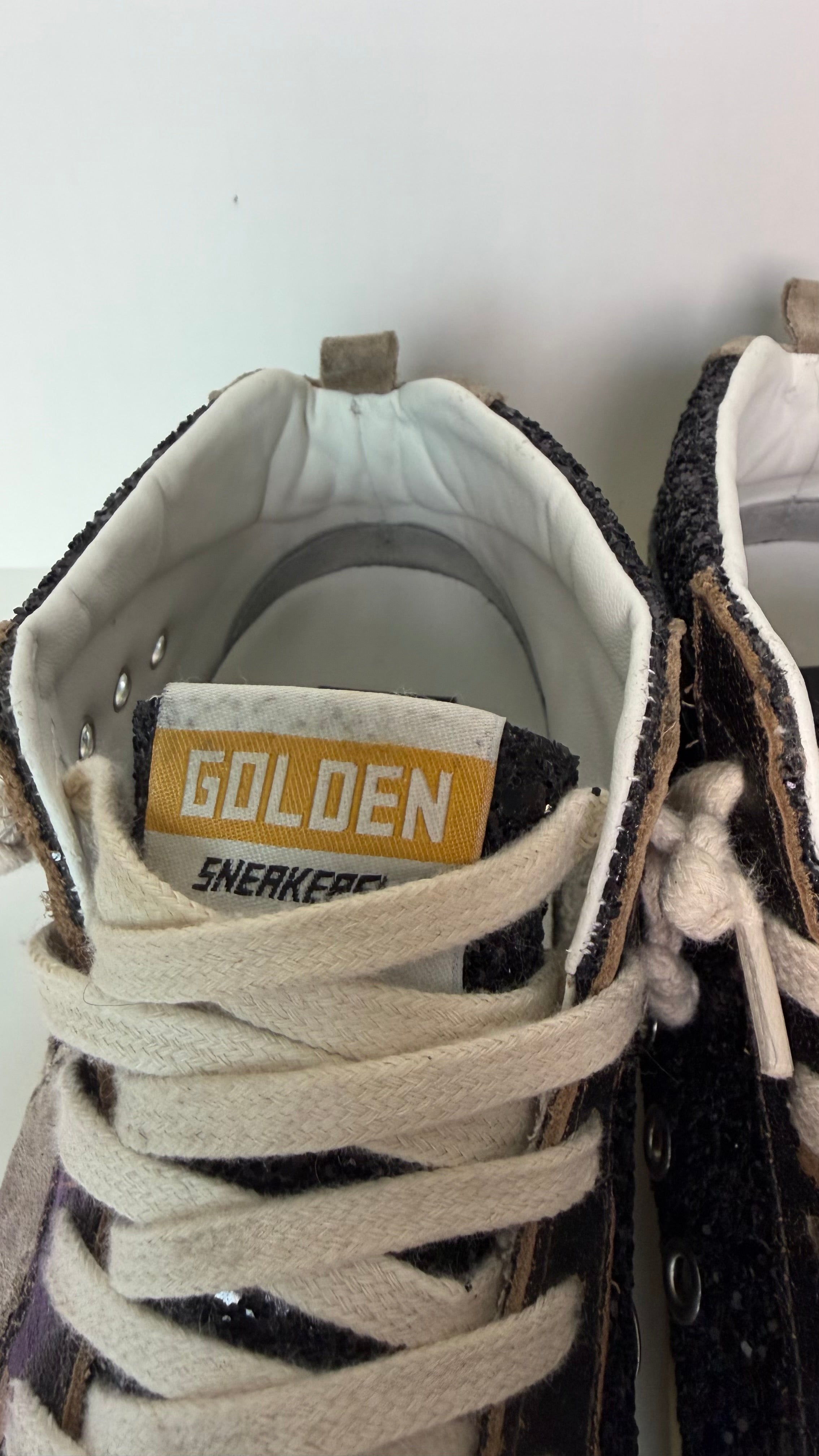 Golden Goose Mid Star High-Top Sneakers – Black Glitter & Leather