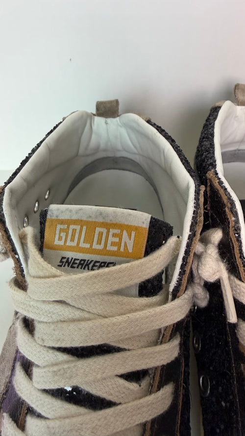 Golden Goose Mid Star High-Top Sneakers – Black Glitter & Leather