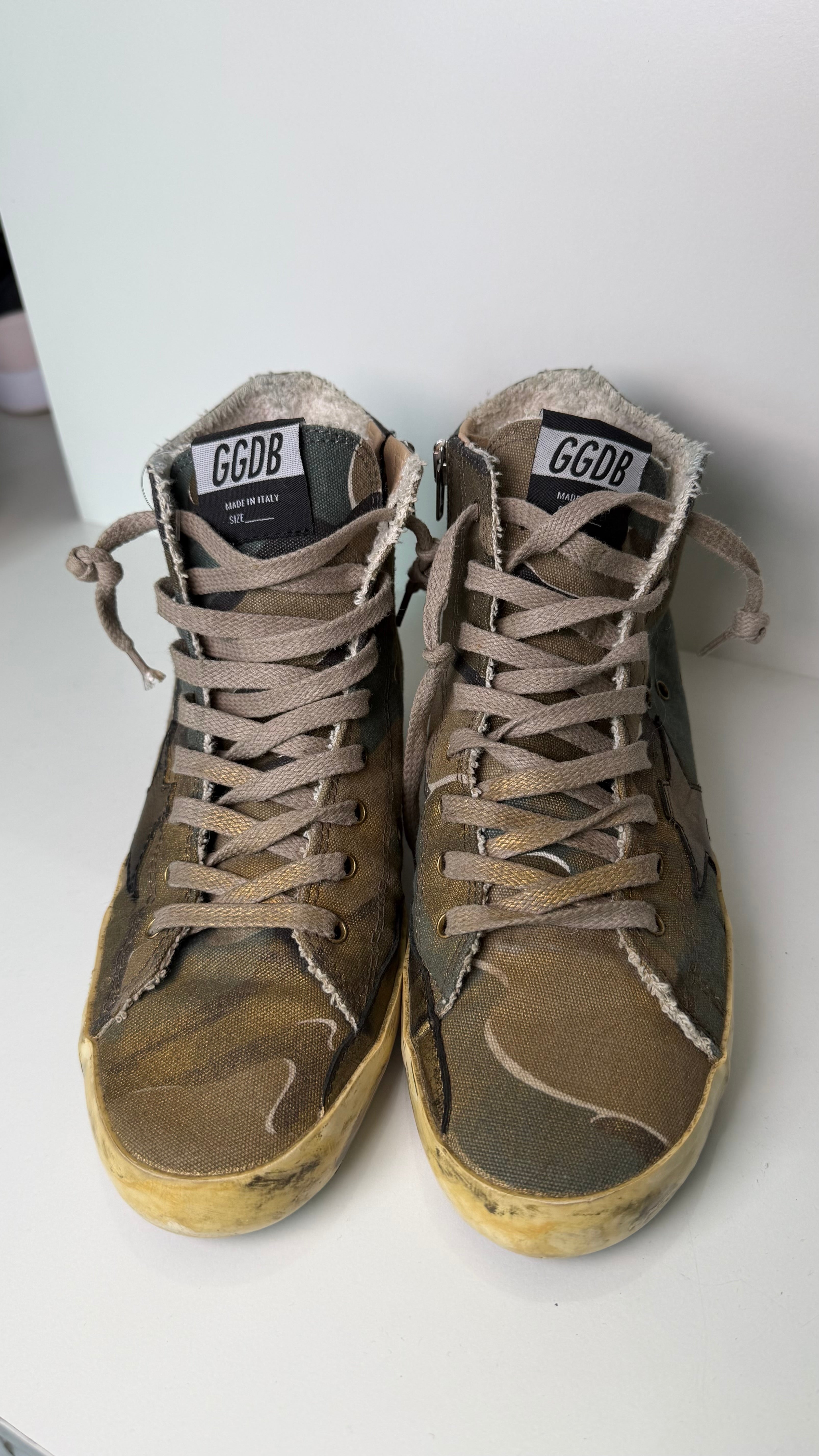 Golden Goose Distressed High-Top Sneakers – Camo Canvas