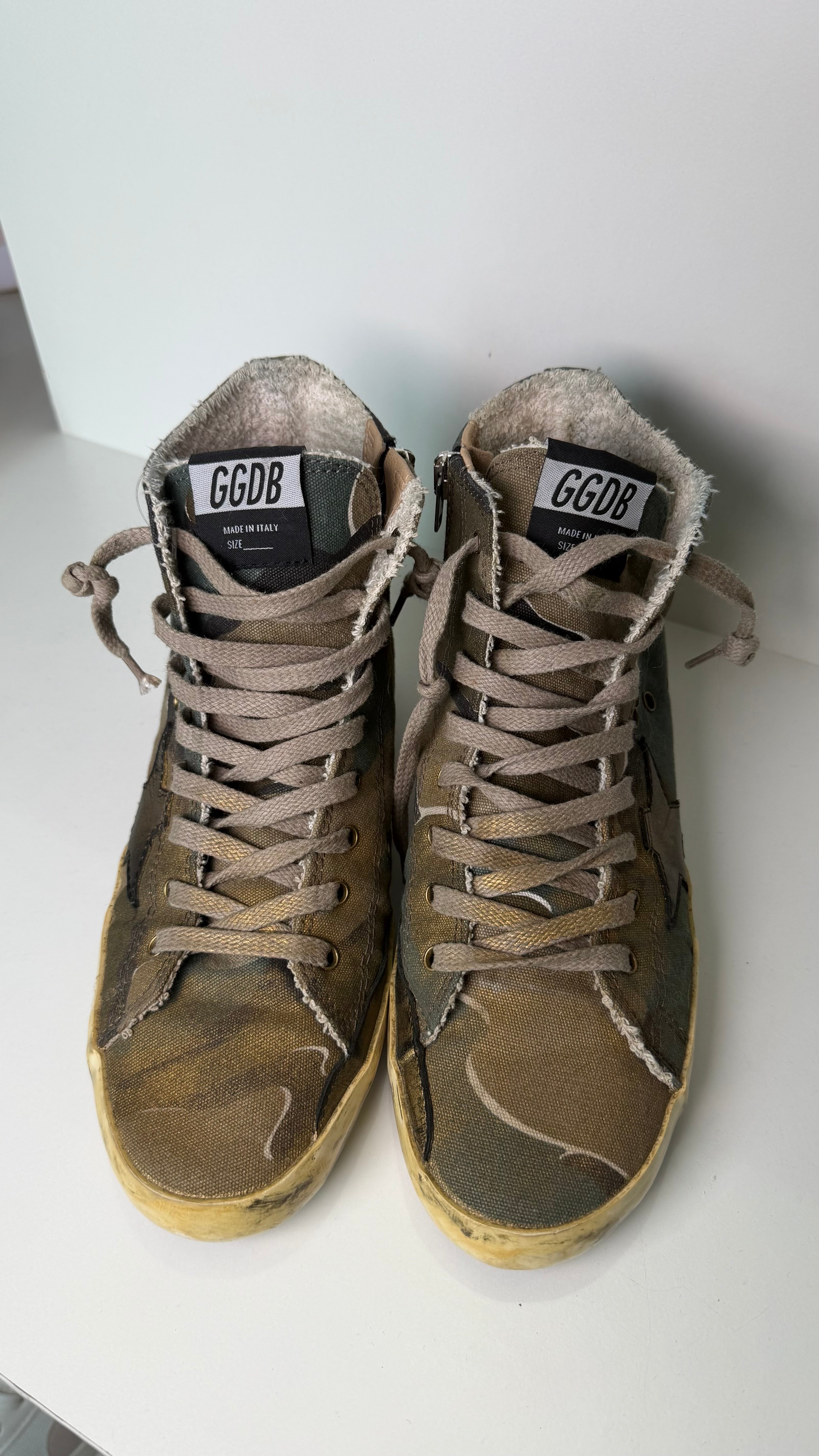 Golden Goose Distressed High-Top Sneakers – Camo Canvas