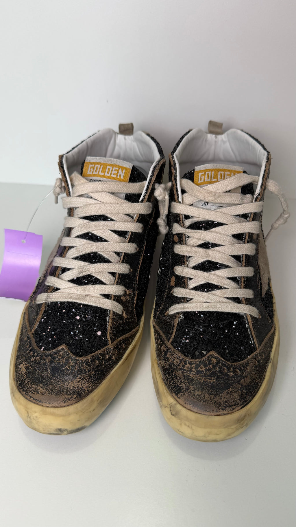 Golden Goose Mid Star High-Top Sneakers – Black Glitter & Leather