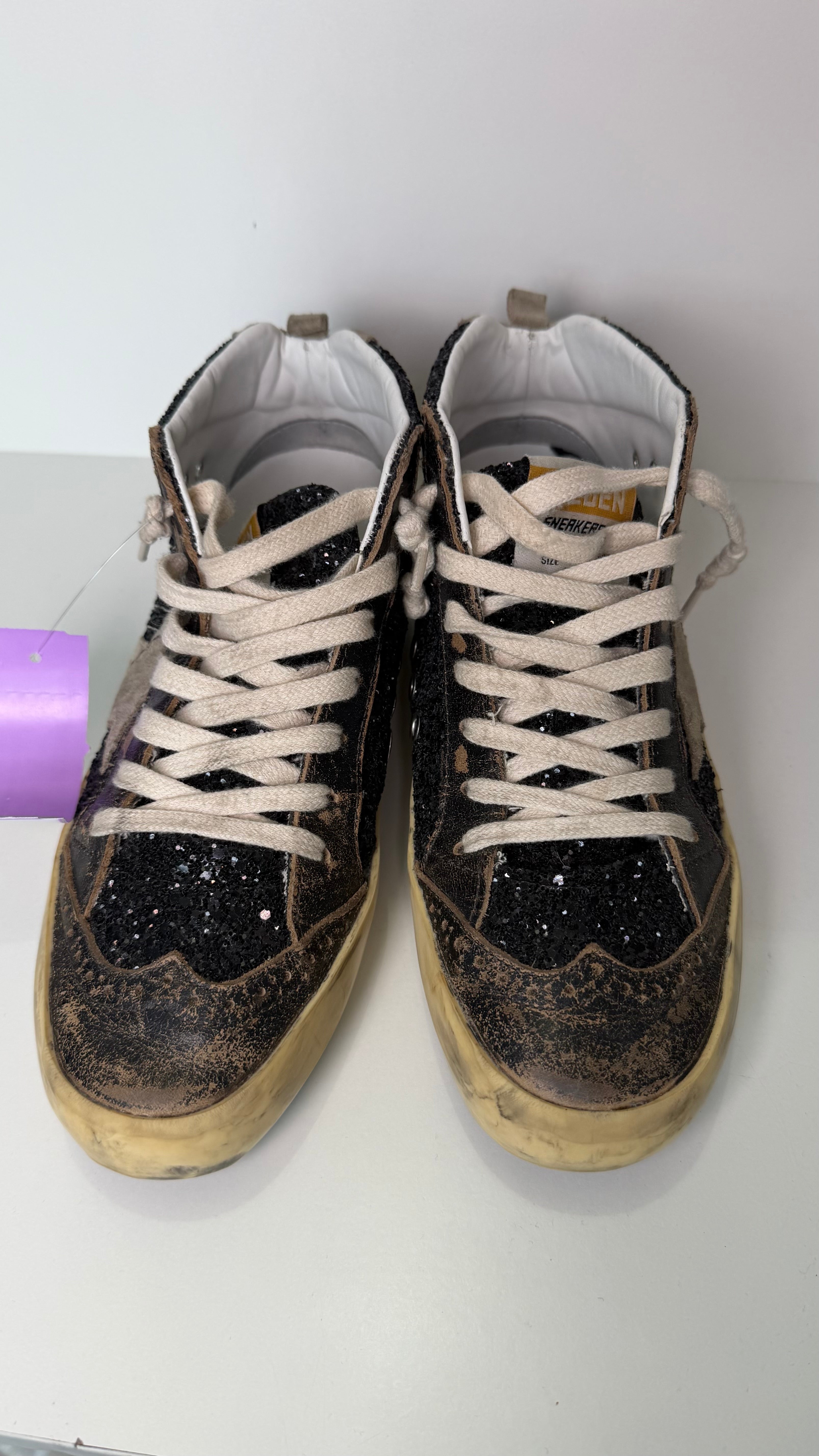 Golden Goose Mid Star High-Top Sneakers – Black Glitter & Leather